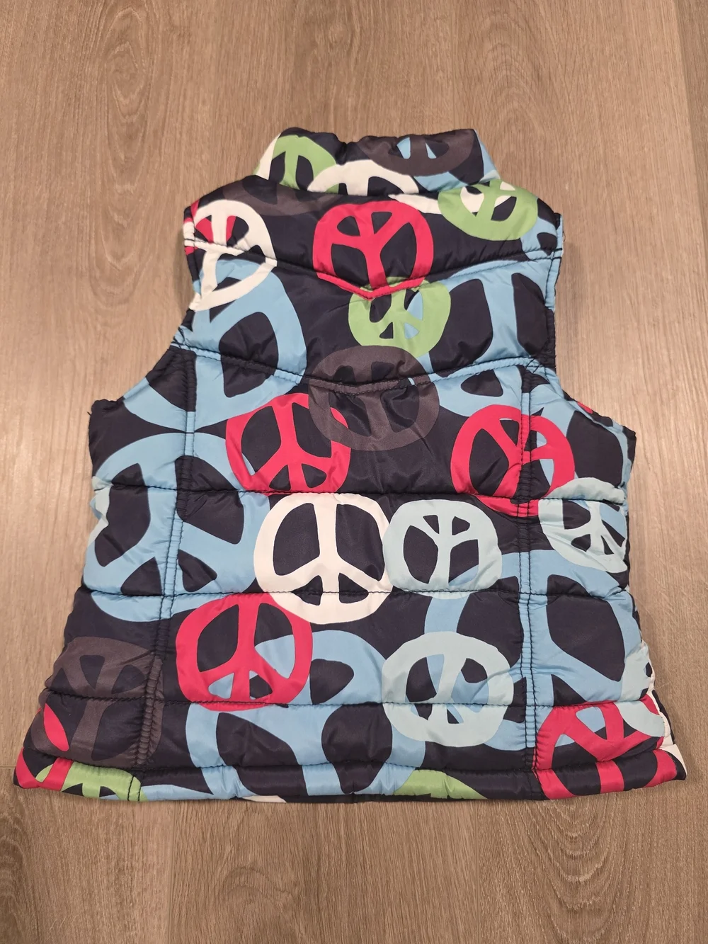 Old Navy Girls Peace Sign Puffer Vest Black Multicolor Pink Fleece Lined XS 5